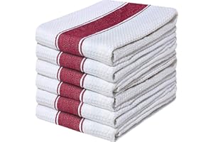 Quick Cleaning Supplies QCS Pack of 6 Large Honey Comb Weave Tea Towel Set 100% Ring Spun Cotton Kitchen Dish Cloth Super Absorbent| Stripe Design Premium Construction |70cm X 45 cm| (Red)