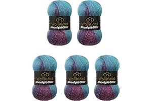 WOLLBIENE Moonlight Glitter Batik Simli, 5 gomitoli di lana da 100 g, 500 g, per lavorare a maglia e all'uncinetto, 20% lana metallica, lana turca, sfumata di colore (5960 bacca lilla turchese)