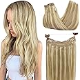 GOO GOO Hair Extensions Halo Hair Ombre Light Blonde Highlighted Golden Blonde 18 Inch 80g Remy Human Hair Extensions Flip in Hidden Crown Wire Hair Extensions Invisible Hairpiece
