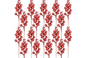 FINGOOO Artificial Red Berry Stems, 14 Pcs 7.8 Inch Glitter Christmas Tree Picks for Christmas Tree Ornaments,DIY Xmas Wreath, Holiday and Home Decoration