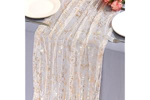 LOMOHOO Table Runner Beige Gold Gauze 70x300cm, Glitter Tulle Table Runner, Golden Foil Sheer Cheesecloth for Dining Wedding Birthday Christmas Bridal Baby Shower Birthday Party Table Decoration