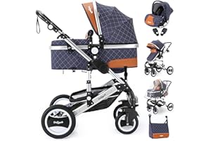 Daliya® Bambimo 3in1 Kinderwagen Riesenset 15-Teilig Kombikinderwagen Babywanne, Buggy, Babyschale mit Fußsack, Alu-Rahmen, Voll-Gummireifen, Wickeltasche, Ess- & Spieltisch (Blau mit Raster)
