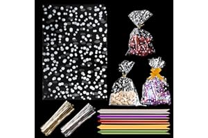 EHOM Dotted Cellophane Bags Pack of 50 (6 x 10 Inches) Food Safe Cookie Bags with 50Mix Colors Pull Bows & Twist Ties - Clear Bags for Halloween Gifts, Packaging, Wrapping Sweet bags for Hamper Making