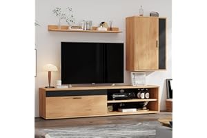 ‎MERAX Merax Wohnwand Wohnzimmer 3-Teilig Set, Wohnzimmer Möbel Set, TV Lowboard, Wandregal, Wandschrank, Hängend oder Stehend, Wohnzimmermöbel Komplett, Elegante Schrankwand, Mediawand, Holzfarbe & Schwarz