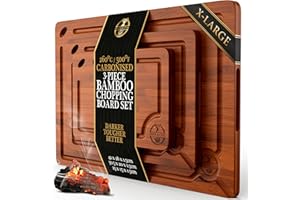 Deer & Oak 3-Piece Carbonised Bamboo Chopping Board Extra Large Set, Non-Toxic & Microplastic Free Wooden Chopping Boards for Kitchens, Dark Wood Style Serving and Carving Boards with Side Handle
