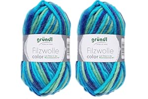 GRÜNDL WOLLE/ HDK-VERSAND 2x50 Gramm Gründl Filzwolle inkl. Anleitung für Topflappen (Color Farben, 38 Türkis Grün Blau)