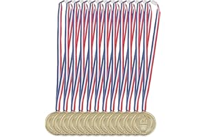Relaxdays Medaglie d’Oro per Bambini in Set da 12, con Nastro, Fiaccola, Premio per Vincitori, 5 cm Ø, Plastica, Dorato, Poliestere