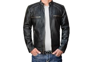 LP-FACON Cafe Racer Leather Jacket - Distressed Brown Biker Lambskin Leather Motorcycle Jacket Men