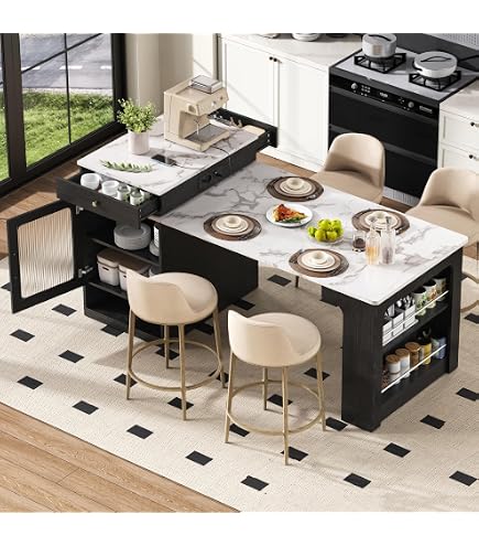 Isola Cucina Con Ruote E Piano Allungabile, Tavolo Da Pranzo 3-in-1 Con Luci LED E Prese USB/Type-C, Bianco