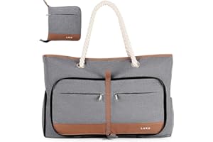Lekespring XXL Grand Sac de Plage Femme avec Compartiment Chaussures Séparé, 35 Litres - Cabas Plage Pliable Imperméable, Idéal pour la Plage, les Voyages et un Usage Quotidien - Gris