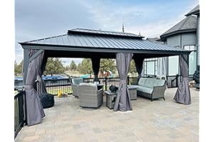 PURPLE LEAF Tonnelle de Jardin Exterieur 6 x 3,65 m Pergola Aluminium avec Moustiquaire et Rideaux Pavillon de Jardin à Double Toit Acier Galvanisé, Gris