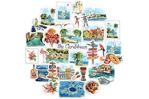 Navy Peony Stickers de voyage Caribbean Paradise (31 pièces) - Aquarelle, étanches, décalcomanies pour croisières tropicales pour journaux, albums de souvenirs, bouteille d'eau, valise