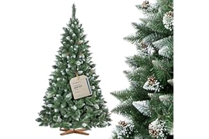 FairyTrees Weihnachtsbaum künstlich 220cm Kiefer mit Christbaum Holzständer | Tannenbaum künstlich mit Natur-Weiss beschneit | Made in EU
