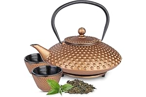 Tealøv TEIERA GHISA SET – Set Completo Teiera in Ghisa con Infusore, 2 Tazze et Sottoteiera – Interno completamente smaltato - Design Elegante in Stile Giapponese (1,25 litro, Rame Set)