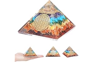 Crocon Sept Chakra Pierre Précieuse Orgonite Pyramide avec Fleur de Vie en Métal à Pointe en énergie Générateur pour Guérison Reiki Aura pour Nettoyage et Protection Emf Taille : 65-70mm