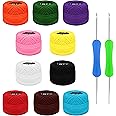 Kurtzy Colourful Crochet Yarn (10 Balls) - 2 Crochet Hooks Included (1mm & 2mm) - Each Thread Ball Weighs (5g/0.18oz) - Total of 360m/400 Yards of Coloured Cotton Yarn