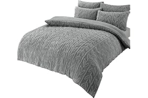Olivia Rocco Leaf Teddy Fleece Duvet Cover Set Easy Care Quilt Bedding Sets with Pillow Case Thermal Warm Cosy Super Soft Fluffy Comforter Bed linens, Double Grey