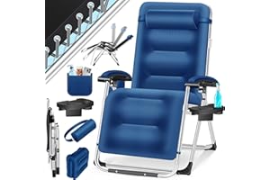 KESSER® Tumbona Plegable XXL, Resistente a la Intemperie, Capacidad de Carga 200kg, Tapizado Ergonómico, Respaldo Ajustable, Cojín Cervical, Portavasos y Cojín para Brazos, Basic - Azul Marino