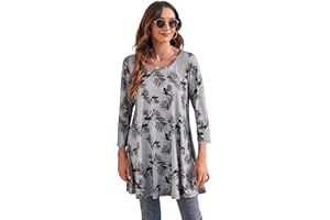 Enmain Tunique Femme 3/4 Manches Longues col Rond Blouse Longues Tunique Top pour Femmes Casual Élégant Chic Floraux Swing T Shirt
