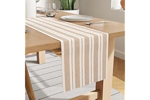 Encasa XO Runner da Tavola in Cotone | Dimensione 32x264 cm | Franca Righe Beige - Lavabile in Lavatrice e Durevole