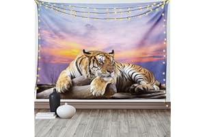 ABAKUHAUS Safari Tapiz de Pared y Cubrecama Suave, Tigre sobre Tronco Cielo Azul Atardecer Colorido Pose Rayas Garras, Objeto Decorativo Lavable, 150 x 110 cm, Lavanda