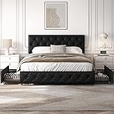Yaheetech Upholstered Leatherette Bed with Storage 63 x 200 cm Black | Double Bed with Headboard Height Adjustable Bed with 2