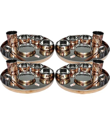 SKAVIJ Koper Dinnerware Platter Thali Set met Beker, Bowls, Lepels, Vork en Mes (30 Centimeter, Pack van 2
