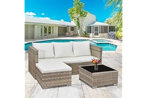 Aweather 3 Pcs Rattan Garden Furniture Sets Outdoor Corner Sofa, All-Weather Handwoven PE Sofa Set, Small Patio Conversation Set with Washable Cushions and Coffee Table, Four Seats