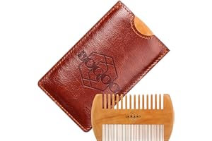 BOGOO Beard, Moustache & Hair Wooden Comb with Leather Case - Wood Anti Static Pocket Size Comb - 100% Natural Peach Wood, Snag Free Grooming Mens Gifts