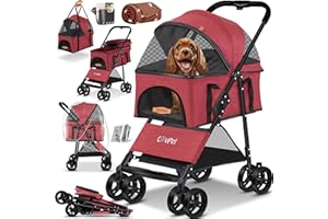LOVPET® Passeggino per cani 2in1 - box per trasporto cani - borsa da trasporto per cani pieghevole fino a 20 kg - carrello per animali con finestre a rete e parapioggia I Rosso