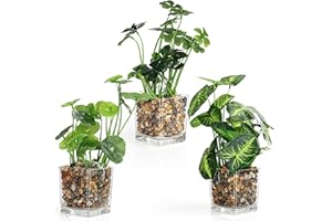 Belle Vous Set Plantas Artificiales Decorativas con Maceta de Vidrio (Set de 3) Plantas de Plastico para Interior/Exterior, Hogar, Jardín, Cesta Colgante, Centros de Mesa en Bodas, Decorar Oficina