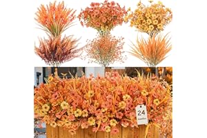Alupssuc 24 Bundles Autumn Artificial Flowers Outdoor, UV Resistant Eucalyptus Violets and Lavender Silk Fake Flowers and Plants, for Home Garden Porch Window Wedding Decorations, Fall Orange Red