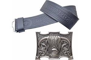 KILT MANIA Kilt Belt and Buckle set – Black Leather with Celtic Trinity Embossing, Scottish Heilan Coo Buckle Pewter Handcrafted - Perfect Highland Dress, Kilt Belt for Men