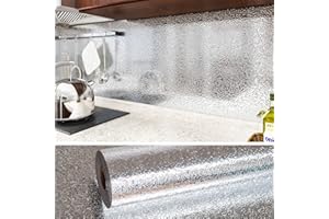 VEELIKE Papier Peint Aluminium Argenté 40cm x 1800m Papier Adhesif pour Meuble Cuisine Imperméable Papier Peint Adhesif Decoratif Rouleau Papier Vinyl Autocollant Salon Salle de Bain Toilette Chambre