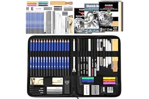 KALOUR PDAS Juego de 58 piezas de dibujo, cuaderno de bocetos de 3 colores, cuaderno de bocetos A5, tutorial, lápices de grafito y carbón, kit de dibujo artístico profesional