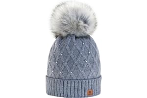MFAZ MOREFAZ LTD Caldo Berretto Invernale da Donna Beanie con fodera in pile, strass e Pom Pom in pelliccia multicolore grigio M/L