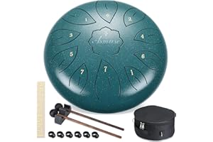 Asmuse Tambour de Langue 11 Notes C, Tambour à langue en acier Handpan 10 Pouces Vert, avec Sac et Livre de Musique, Instrument à Percussion Idéal Pour le Camping, le Yoga, la Méditation