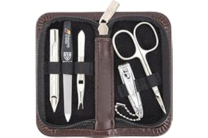 DREI SCHWERTER - Germany Milano Set de manucure 5 pièces avec étui en cuir véritable marron | Contenu : ciseaux à cuticules, pincettes, lime à ongles saphir, coupe-ongles, cure-ongles, cure-ongles,