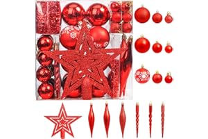 BrizLabs Zestaw 75 bombek choinkowych z tworzywa sztucznego, z czubkiem na choinkę, do wnętrz, na wesele, imprezę, do sypialni, jadalni, jadalni, kolor czerwony