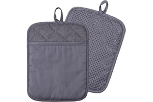 LIFAITH 100% Cotton with Silicone Kitchen Everyday Basic Pot Holder Heat Resistant Coaster Potholder Oven Mitts with Pocket for Cooking and Baking Set of 2 Grey