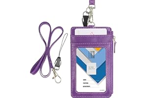 Wisdompro Porta Badge Pelle, Porta Badge da Collo con Cerniera con 50 cm Portachiavi Collo, 1 Finestra Trasparente, 4 Slot per Schede, Gancio Girevole Portachiavi, Viola (Verticale)