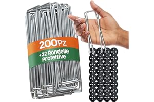 PORTENTUM Picchetti da Giardino 200 pz + 32 Rondelle - Picchetti Telo Pacciamatura, Picchetti Ancoraggio per Campeggio e Prato Sintetico, Resistenti in Acciaio Zincato