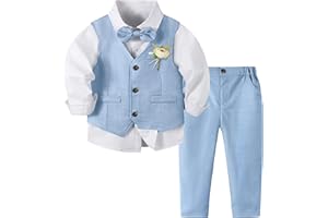 Volunboy Completo Elegante Bambino, Ragazzi Cerimonia Nozze Vestito 4 Pezzi Maniche Lunghe Camicie + Papillon + Gilet + Pantaloni