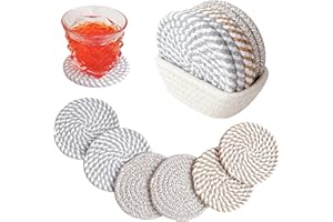 Valdivia Boho Drink Coasters with Storage Basket, Handmade Woven Cotton Absorbent Coasters Set of 6, Minimalist Decoration for Coffee Table, Housewarming Gifts New Home Accessories Apartment Presents