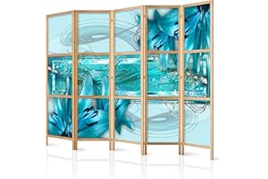 murando - Biombo XXL Flores Lirios Abstractoo Azul 225x171 cm 5 Paneles Lienzo de Tejido no Tejido Calidad Tela sintética Separador Madera Design Hecho a Mano Deco Home Office Japón b-C-0387-z-c