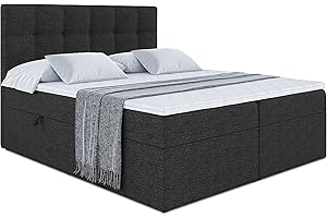 ALTDECOR Boxspringbett mit H3-Matratze (20 cm hoch) mit Bonellfederung + PUR, Topper (4 cm hoch), Polsterbett mit Kopfteil und Bettkasten 140x200 - Schwarz Inari 100