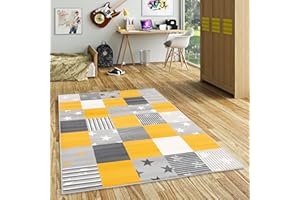 Pergamon Samba - Alfombra para niños y jóvenes - Estrellas a Cuadros Amarillo Gris - 5 Tamaños