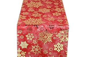Yeahshion Runner da Tavola Natalizio 28cmx10m, Runner da Tavola in Tessuto Non Tessuto Rosso e Oro Metallizzato con Motivi a Fiocchi di Neve per Decorazioni Natalizie, DIY, Confezioni