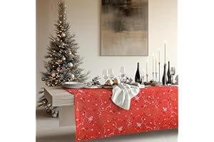 KP HOME Obrus zmywalny płatkami śniegu PCW obrus do czyszczenia obrus bożonarodzeniowy czerwony wodoodporny obrus duży świąteczny winylowy obrus 250 x 140 cm, prostokątny, 8-osobowy obrus ceratowy