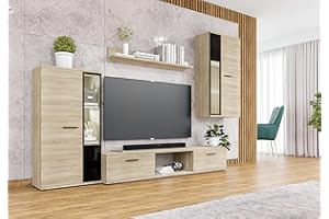 Furnix Mediawand Sarai Schrankwand Wohnwand Wandschrank Wohnzimmer 4-TLG Set - TV Lowboard, Vitrine, Hängeregal, Wandregal Freistehend inkl. LED B240 x H180 x T40,2 cm Farbe Sonoma